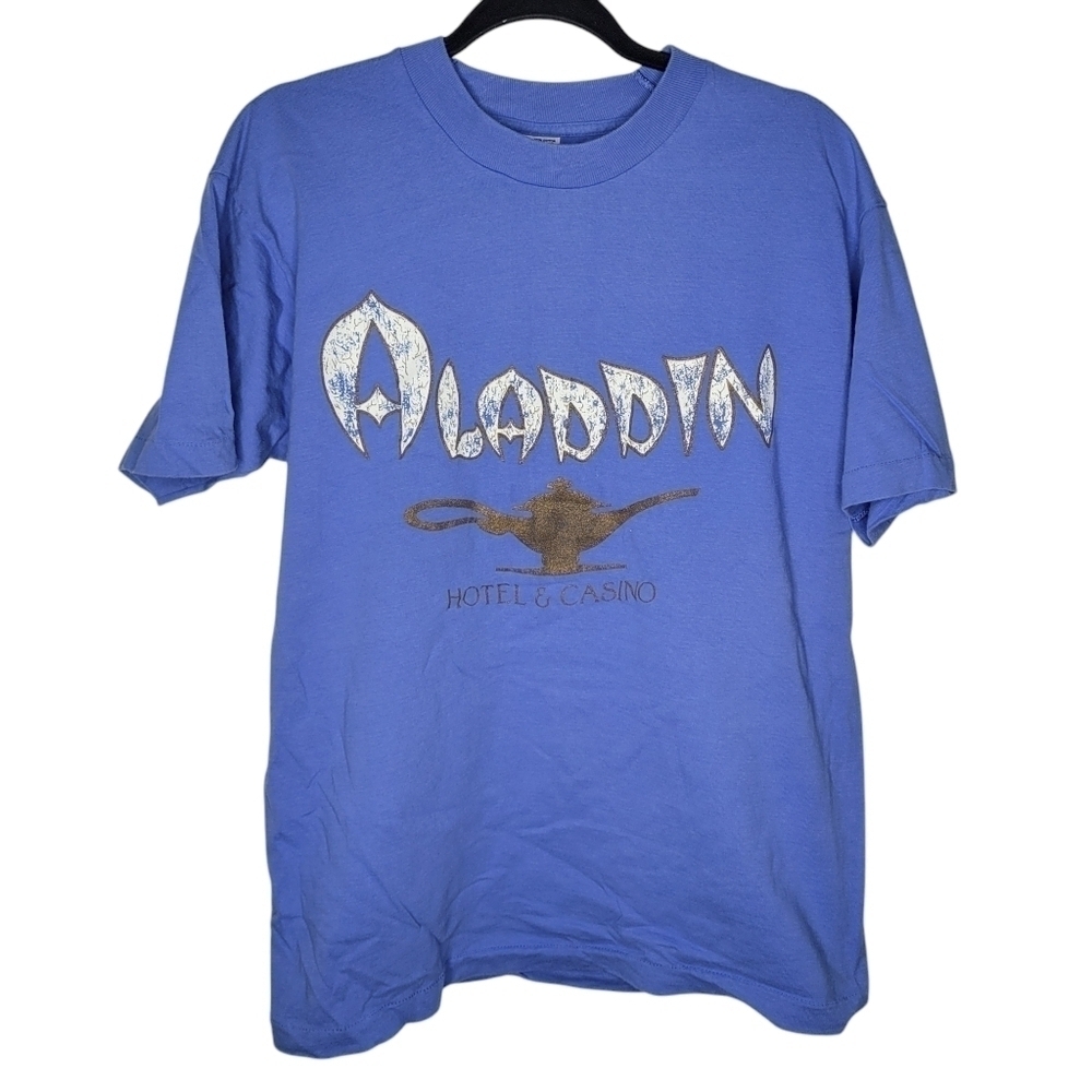 Vintage 90s Aladdin Hotel & Casino Genie Lamp Graphic T-Shirt in Blue Size L